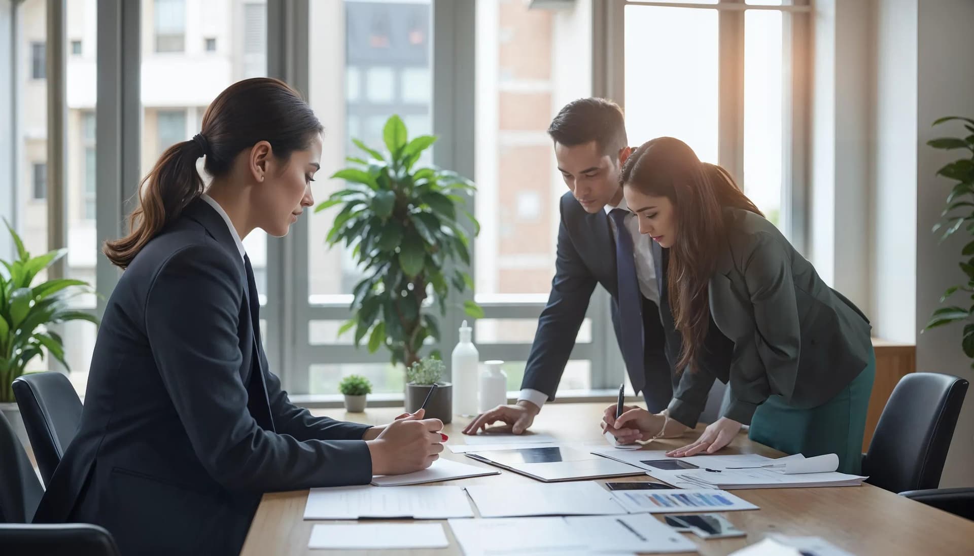 Project management team going over documents in a conference room