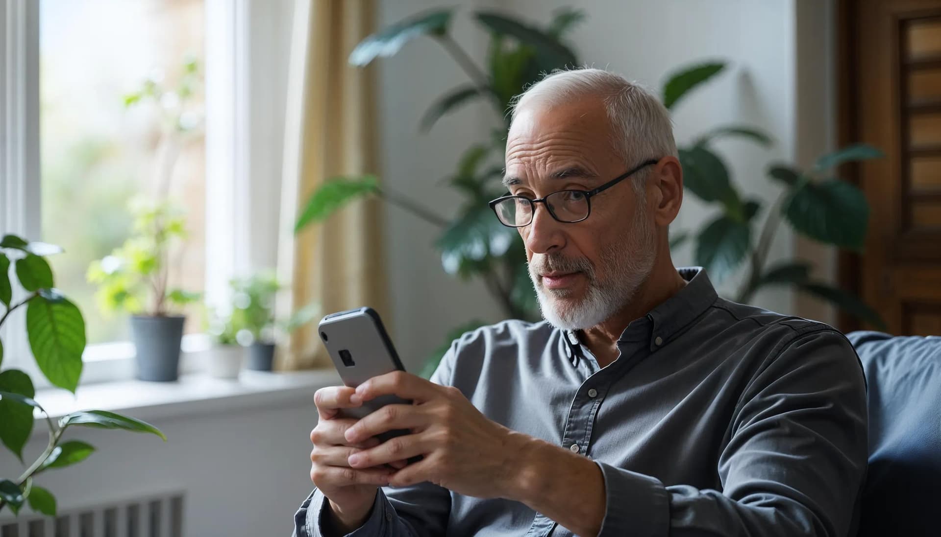 A worried senior looking at a fraudulent message on their mobile phone of what might be a potential healthcare fraud