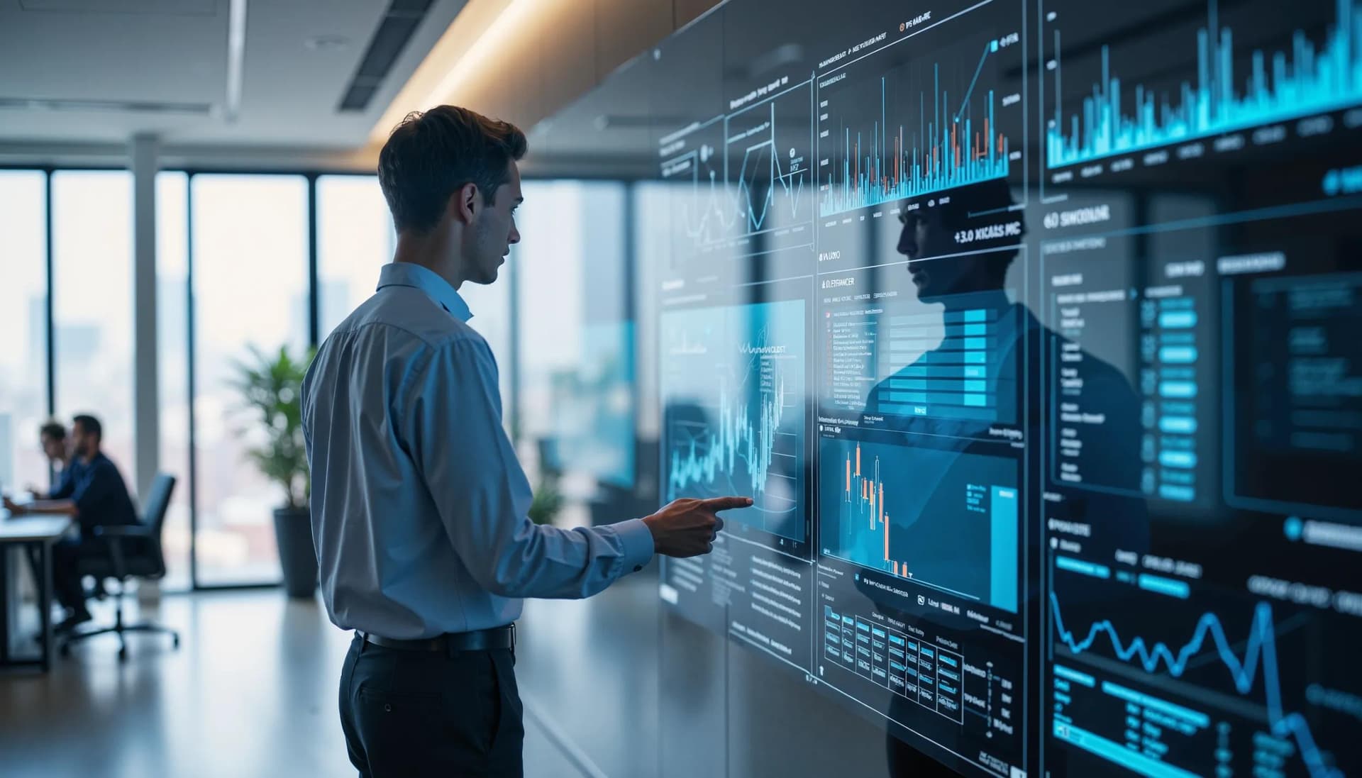 a medical finance analyst going over financial data on a large virtual screen using AI