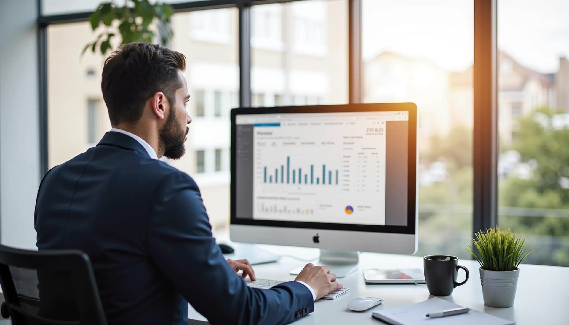 A business professional working on their computer in a bright, well-lit office. The person is looking at a screen with a spreadsheet, reviewing financial data. The office has a large window on one side bringing in natural lights. The office has few small plants making the place warm and inviting.