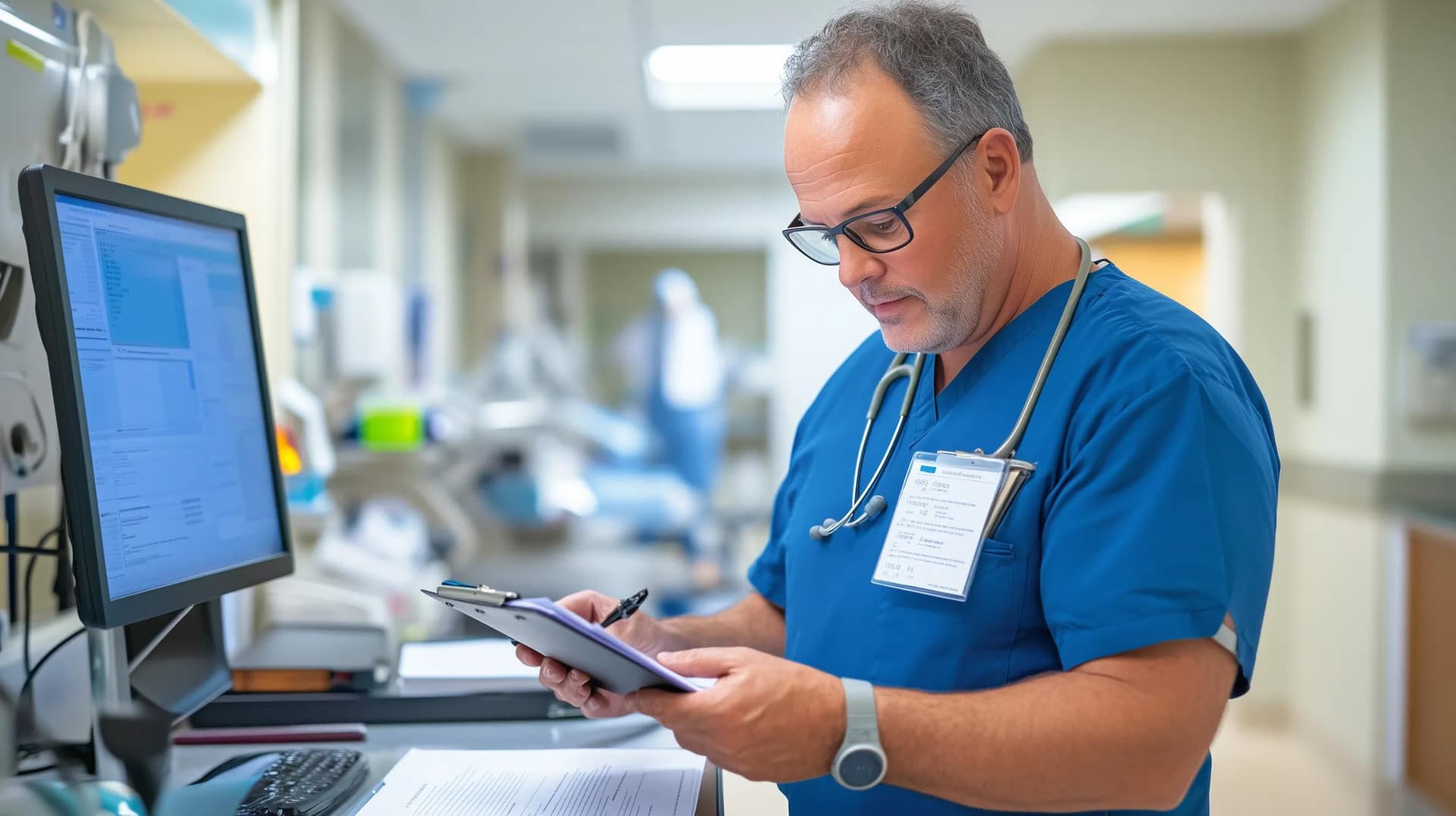 A member of the healthcare project management team going over a checklist on a clipboard