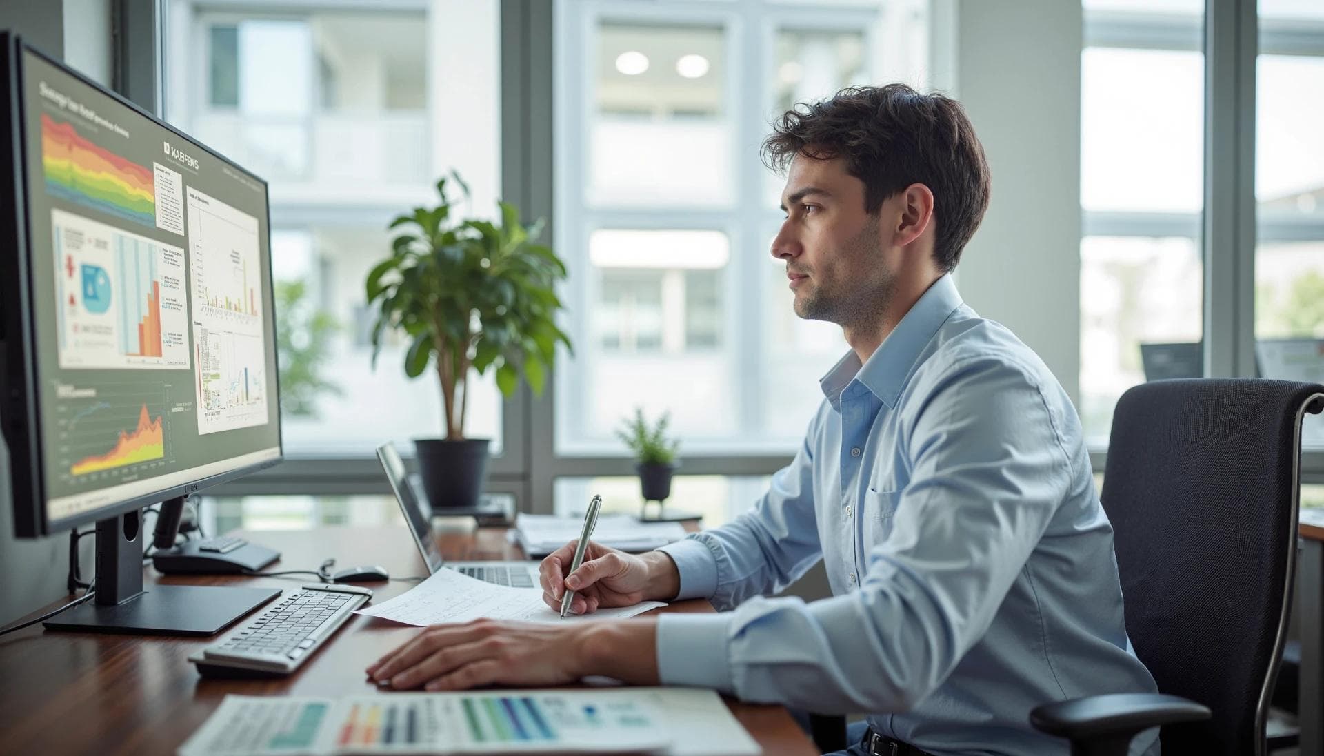 A CEO looking at infographics showing connections between forecast data, care outcomes, and strategic investment