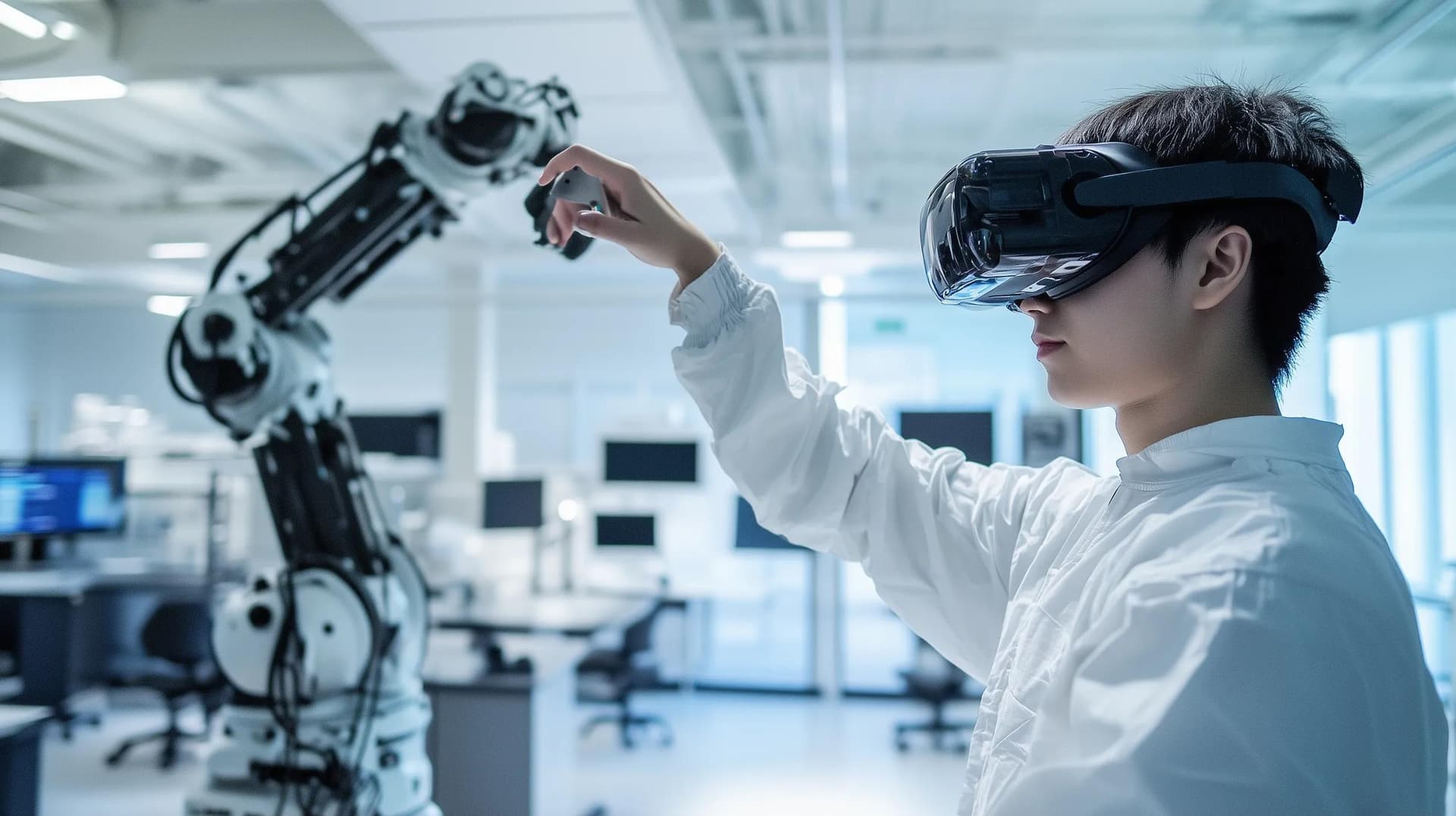 A healthcare worker undergoing training to operate robotics for healthcare operations